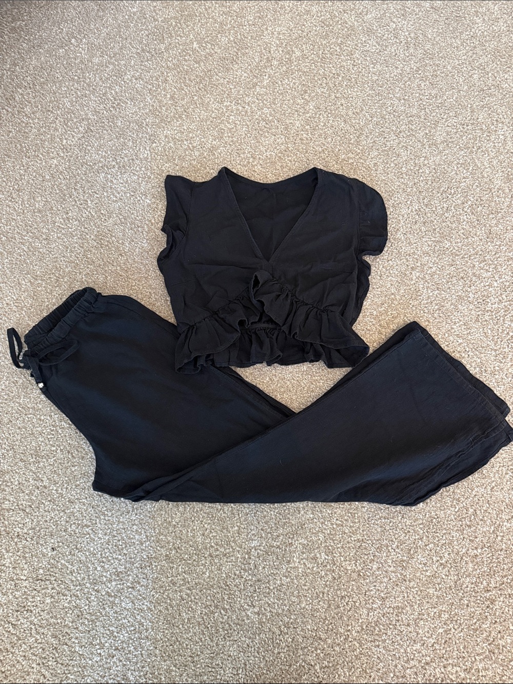Amazon Black Women's Ruffle Crop Top and Beach Pant Set